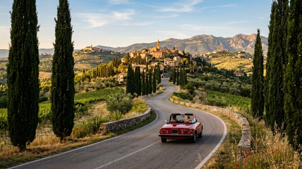 Scenic photorealistic image of a winding Italian mountain ro