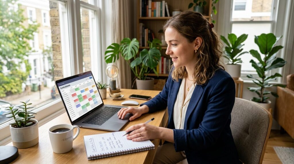 Young event planner checking calendar and booking schedule o