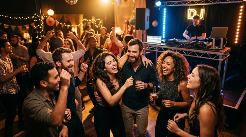 Group of friends celebrating at a private party with DJ boot