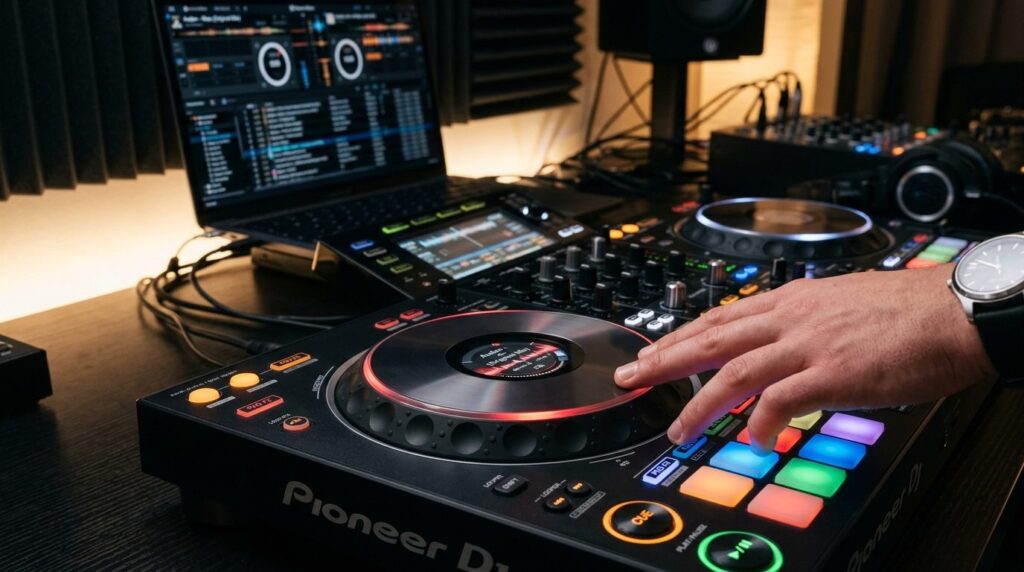 Close-up photorealistic shot of hands operating a DJ control