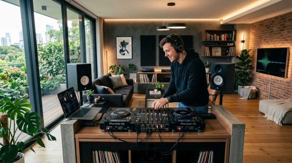 Wide photorealistic view of a contemporary home entertainmen