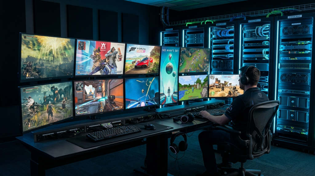Professional stock photo of multiple computer monitors displ