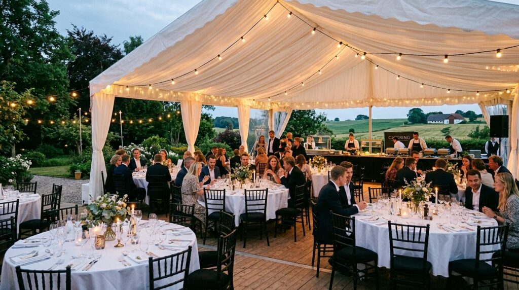Large white event tent set up in a garden with round tables,